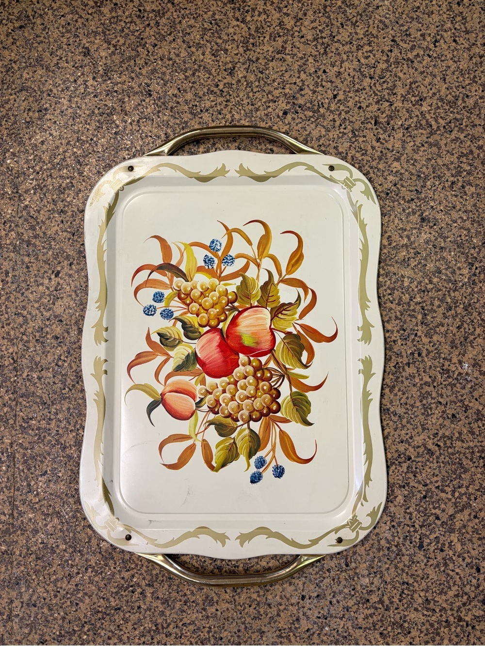 Vintage Floral Fruit Metal Serving Tray - Cream & Gold